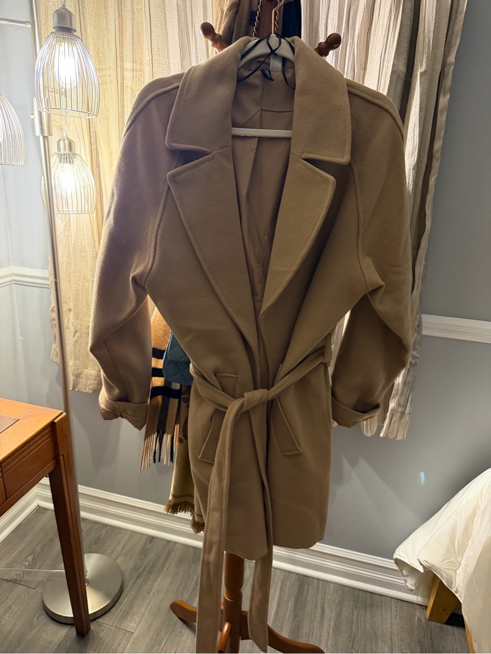 H&M divided Women’s Taupe light camel Belted Wool Blend Coat wrap coat sz LG